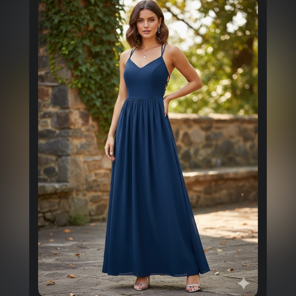 Bisou Bisou Navy Blue Strappy Open Back Chiffon Maxi Gown Sz 4